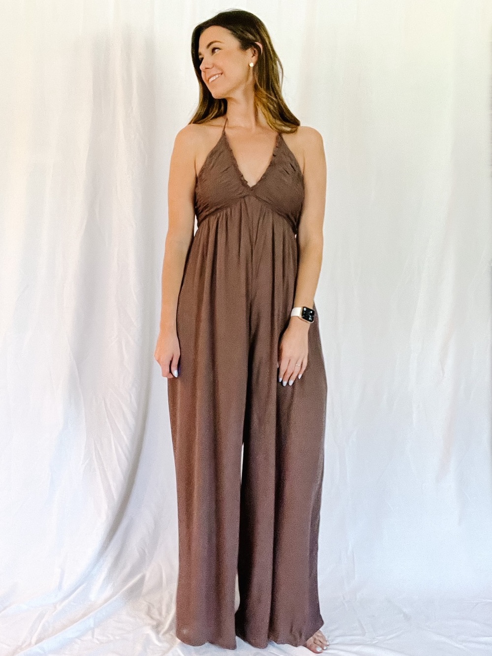 Mustard Seed Chocolate Brown Halter Wide-Leg Jumpsuit